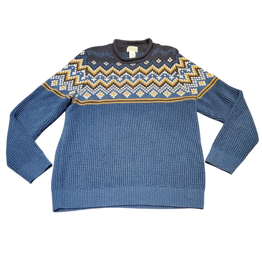 L.L.Bean Men's Organic Cotton Waffle Sweater Crewneck Fair Isle Blue M-REG Heavy